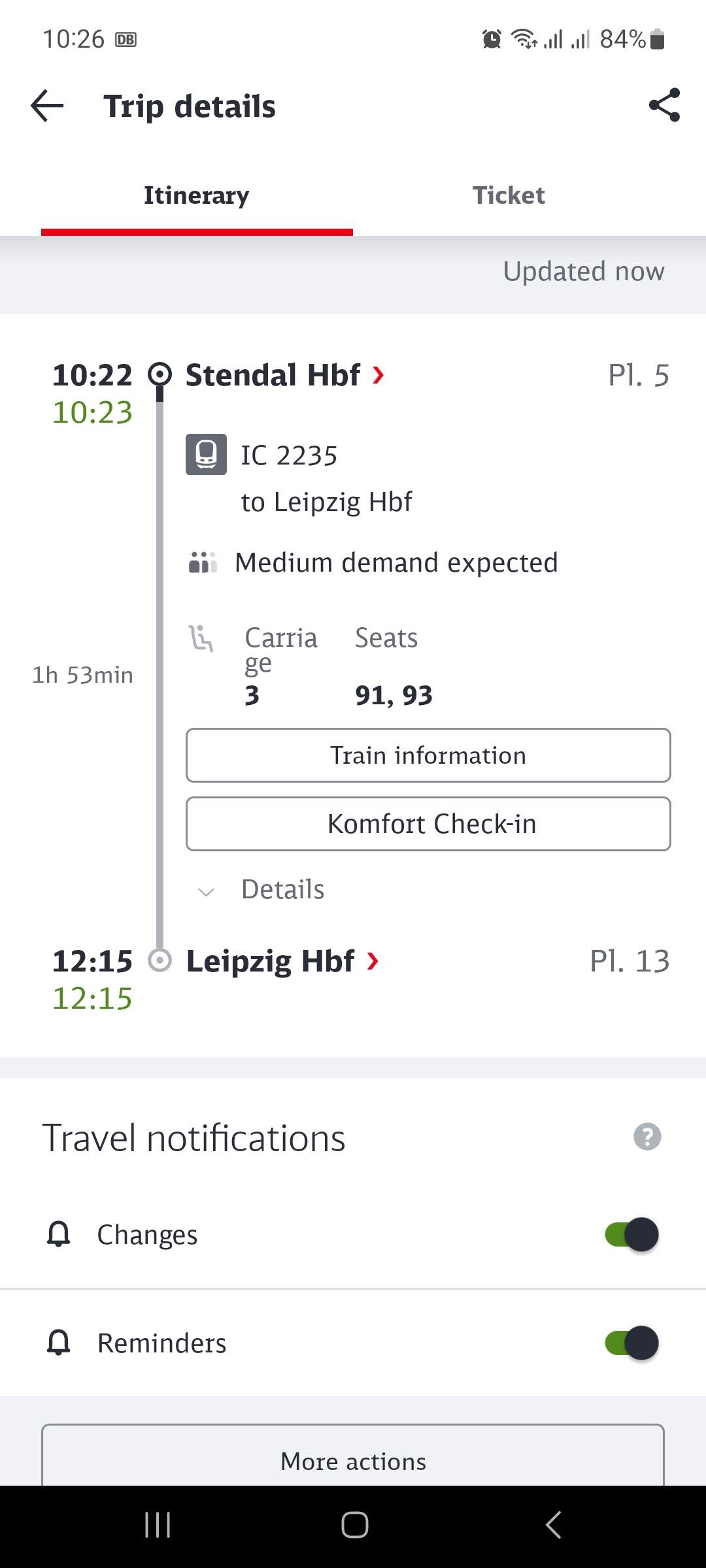 DB App showing the train timetable for my journey from Stendal to Leipzig